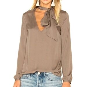 House Of Harlow 1960 X Revolve Naomi Tie Neck Blouse Ash Brown Silky Longsleeve